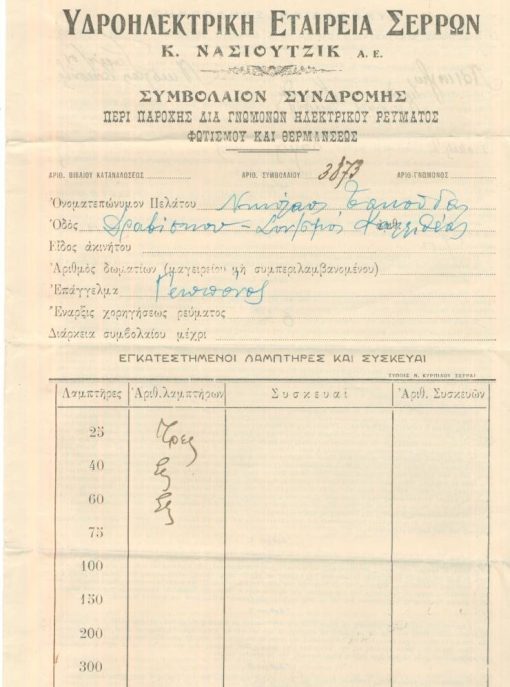[Σέρρες]: Υδροηλεκτρική Εταιρεία Σερρών Κ. Νάσιουτζικ Α.Ε., Συμβόλαιον συνδρομής, 26/6/1936, 2φφ., σφραγίδα, υπογραφές
