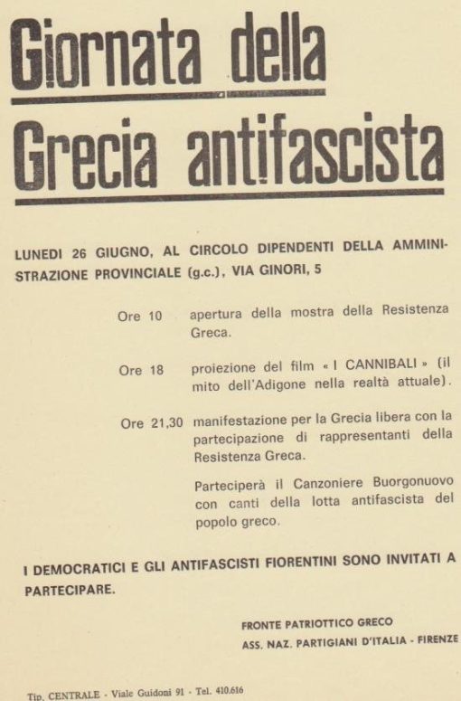 [Επταετία]: "Giornata della Grecia antifascista" - Πρόσκληση των Fronte Ρatriotico Greco και Ass. Naz. Partigiani d' Italia, Firenze, 26 Ιουνίου 1974, μονόφυλλο, διαστάσεις 17Χ25