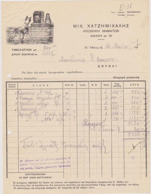 [Τιμολόγιο, Αθήνα]: Αποθήκη νημάτων ΜΙΧ. ΧΑΤΖΗΜΙΧΑΛΗΣ, εν Αθήναις, 21 Μαΐου 1937