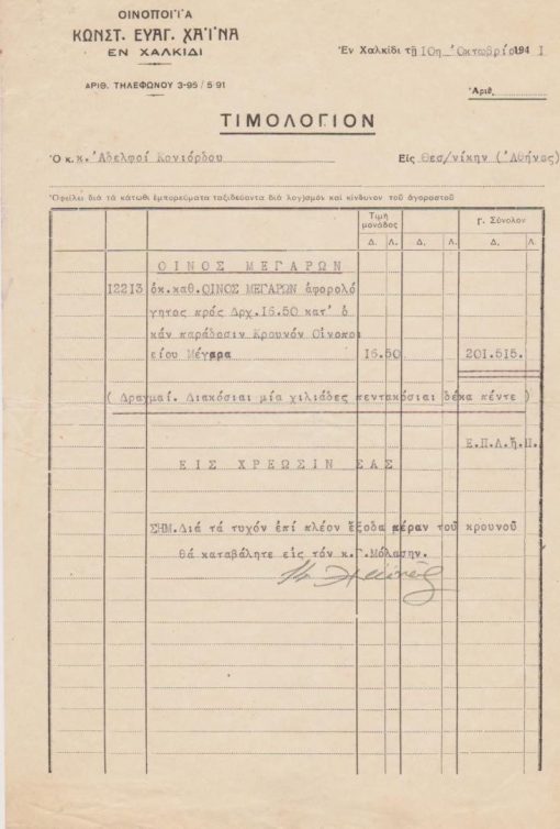 [Χαλκίδα]: Οινοποιΐα ΚΩΝΣΤ. ΕΥΑΓ. ΧΑΪΝΑ, 4 Τιμολόγια πωλήσεως μεγάλων ποσοτήτων οίνου στους αδελφούς Κονιόρδου, Οκτώβριος [3] και Δεκέμβριος 1941