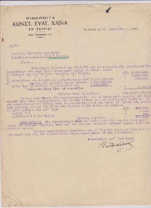 [Χαλκίδα]: Οινοποιΐα ΚΩΝΣΤ. ΕΥΑΓ. ΧΑΪΝΑ εν Χαλκίδι, Επιστολή προς τους αδελφούς Κονιόρδου, έντυπη η φίρμα, 14 Απριλίου 1942