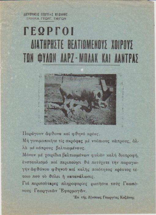 [Κοζάνη]: Διεύθυνσις Γεωργίας Κοζάνης, Γεωργοί διατηρήστε βελτιωμένους χοίρους των φυλών Λαρζ - Μπλακ και Λάντρας, χ.χ., μονόφυλλο, διαστάσεις 17Χ25