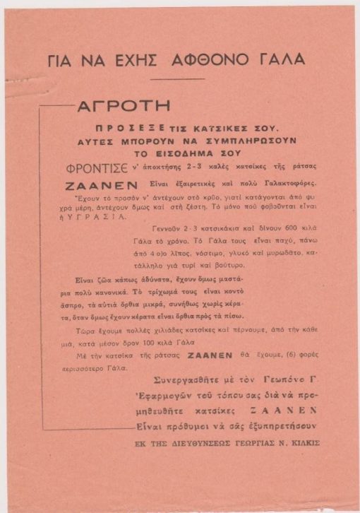 [Κιλκίς]: Διεύθυνσις Γεωργίας Κιλκίς, Για να έχης άφθονο γάλα, μονόφυλλο, αρχές δεκαετίας του '60 (;), διαστάσεις 17Χ24