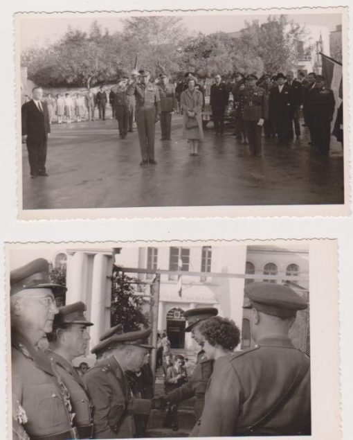 [Αλεξανδρούπολη, Βασιλείς]: Δύο ασπρόμαυρες φωτογραφίες με τον Παύλο και την Πριγκίπισσα Σοφία (;) αξιωματικούς και επισήμους, (η μία είναι τραβηγμένη στην είσοδο της Ζαριφείου Παιδαγωγικής Ακαδημίας), διαστάσεις 14Χ9