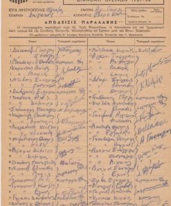 [Αμερικανική βοήθεια, Κοινότης Βερτίσκου Λαγκαδά]: Κατάστασις διανομής αραβοσιταλεύρου [=Απόδειξις παραλαβής] στους κατοίκους του Βερτίσκου, 1958, 6φφ. Τα αποσταλέντα υπό του Αμερικανικού λαού τρόφιμα, δια της Συνοδικής Επιτροπής Αλληλοβοηθείας και σχέσεων μετά των ξένων εκκλησιών , διανέμει αρμόδια Επιτροπή και παραλαμβάνει ο/η αρχηγός της οικογενείας των κατοίκων. Σε κάθε έντυπο φύλλο συμπληρώνονται τα μέλη των οικογενειών [343 ονοματεπώνυμα]  και υπογράφει ο παραλήπτης του αραβοσιταλεύρου