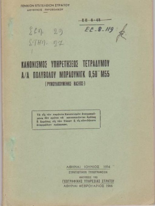 Κανονισμός υπηρετήσεως τετραδύμου α/α πολυβόλου Μπράουνιγκ 0.50'' Μ55 [Ρυμουλκουμένης βάσεως. Ανατύπωσις