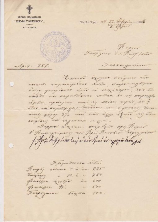 [Άγιον Όρος]: Ιερόν Κοινόβιον Εσφιγμένου, Επιστολή προς έμπορον στην Θεσσαλονίκη, 1936, υπογράφει ο Καθηγούμενος, σφραγίδα. Το Κοινόβιον ζητεί να πληροφορηθεί τις τιμές ειδών τα οποία έχει ανάγκη