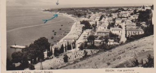 [Αίγιο, κάρτα]: Μερική άποψις, ασπρόμαυρη, γραμμένη, με τα δύο βέλη σημειώνεται το αγρόκτημα του αποστολέα