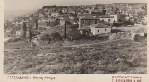 [Γαργαλιάνοι, φωτοκάρτα]: Μερική άποψις, ασπρόμαυρη, "Χαρτικά - Ψιλικά Χ. Βλαχαδάμης & Υιοί", ελάχιστη φθορά στο πίσω μέρος, αχρησιμοποίητη