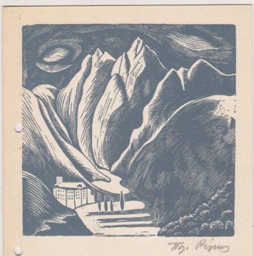 [Άγιον Όρος]: "St Paul Monastery, Mount - Athos, wood engraving by Pol. Rengos", υπογεγραμμένη, δίπτυχη ευχετήρια κάρτα -χαρτόνι, διαστάσεις πτυχής 16Χ22, στο εσωτερικό της δεύτερης πτυχής μία αράδα γραμμένη από τον Π. Ρέγκο, δύο τρύπες από το ντοσιέ στο αριστερό περιθώριο