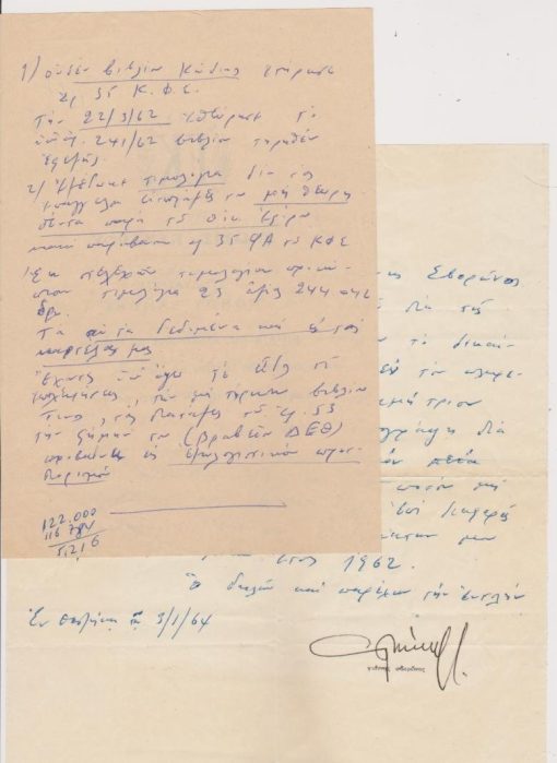 [Γιάννης Σβορώνος, φορολογικά]: 1. Αίτησις Ι. Σβορώνου ζωγράφου, δακτυλογραφημένη, Θεσσαλονίκη, 1961, υπογραφή 2. Πληρεξούσιον, εξουσιοδοτεί τον δικηγόρον του [ποιητή] Τάκη Βαρβιτσιώτη να υπογράψει για λογαριασμό του συμβιβασμό με την Εφορία, 3/1/1964 [το πληρεξούσιο έχει γραφεί από τον Τ. Βαρβιτσιώτη] 3. Χειρόγραφες σημειώσεις του Τ. Βαρβιτσιώτη γραμμένες με στυλό στο πίσω μέρος ψηφοδελτίου σχετικές με την φορολογική υπόθεση του Γ. Σβορώνου