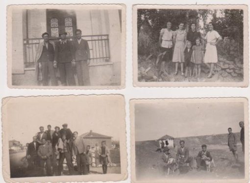 [Δράμα, κατοχή]: 4 φωτογραφίες, ασπρόμαυρες, διαστάσεις 9Χ6.5, στο πίσω μέρος έχουν κόκκινη σφραγίδα - δύο φωτογραφία τρεις σφραγίδες στα βουλγαρικά, στην μία - κάτω αριστερά με τους άνδρες - σημειώνεται επί πλέον με μολύβι "Ενθύμιον της παρέας '43 * το Δοξάτο εις τον μαχαλά τον Βαρδάρι"