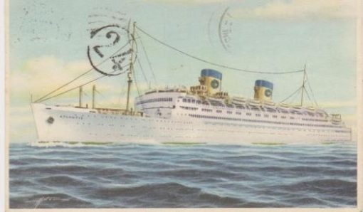 [Πλοίο]: Κάρτα του s/s ATLANTIC, έγχρωμη, ταχυδρομημένη από την Νάπολη της Ιταλίας [ο αποστολέας ταξιδεύει μετανάστης προς την Αμερική και στέλνει με την κάρτα πολλά φιλιά στην φίλη του, στην Θεσσαλονίκη]