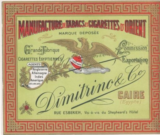 [Ετικέτα]: Manufacture de tabacs et cigarettes d' Orient - Dimitrino & Co, Caire (Egypte), διαστάσεις 16Χ14