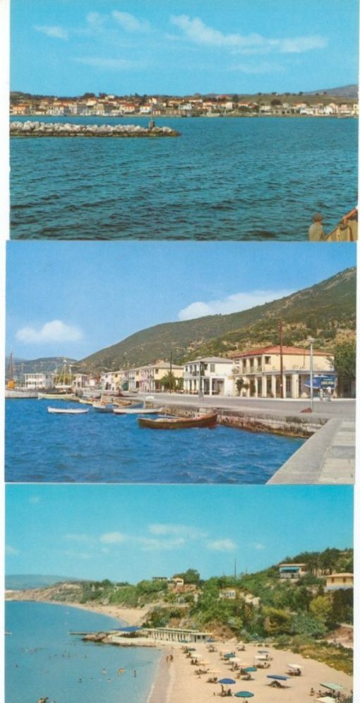 [Κεφαλληνία, κάρτες]: 4 έγχρωμες κάρτες, δεκαετία του 70, αχρησιμοποίητες, εκδότης Ε. Διακάκης και Υιός, Αθήναι [1. Ληξούριον - Το λιμάνι. 2. Ληξούρι - Άποψις από θαλάσσης. 3. Σάμη - Μία παραλιακή άποψις. 4. Πλατύς - Γιαλός, Θαλάσσια λουτρά ]