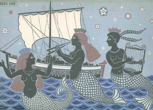 [Κατάλογος φαγητού, πλοίο]: GREEK LINE - T.S.S. "OLYMPIA", Farewell Dinner: Menu,  First Class, October 1960, painting by G. Sikeliotis: Γοργόνες συνοδεύουν ένα καράβι παίζοντας δίαυλο και λύρα, δίφυλλο + 2φφ. λευκά, διαστάσεις 24Χ32
