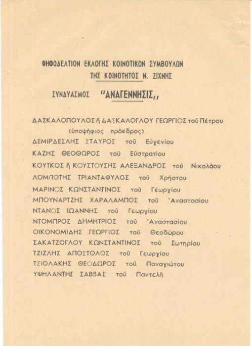 [Σέρρες, ψηφοδέλτιο]: Ψηφοδέλτιον εκλογής κοινοτικών συμβούλων της κοινότητος Ν. Ζίχνης [ νομού Σερρών] - Συνδυασμός "ΑΝΑΓΕΝΝΗΣΙΣ"