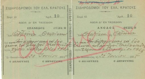 [Εισιτήριο]: Σιδηρόδρομοι του Ελληνικού Κράτους, Άδεια δι' εν ταξείδιον, Θεσσαλονίκη, 1925, διαστάσεις 20Χ12