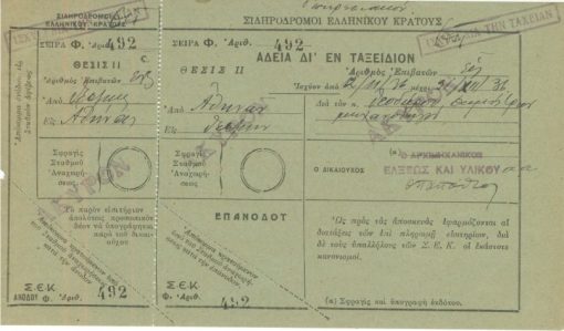 [Εισιτήριο]: Σιδηρόδρομοι Ελληνικού Κράτους, Άδεια δι' εν ταξείδιον, Θεσσαλονίκη, 1936, διαστάσεις 22Χ12