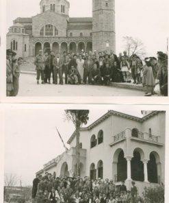 [Σιάτιστα]: Δύο φωτογραφίες με εκδρομείς μπροστά σε εκκλησίες (στη μία η Μητρόπολις), "Φωτο Ζοζέφ - Ι. Κεσσίνη", ασπρόμαυρες, διαστάσεις 14Χ9