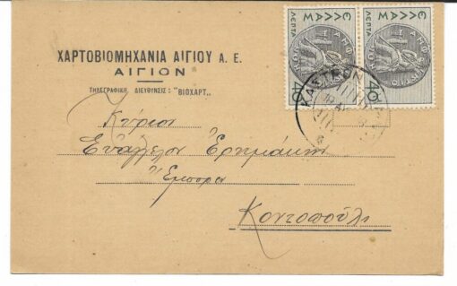 [διαφημιστική κάρτα]. Χαρτοβιομηχανία Αιγίου Α.Ε., Αίγιον,, στο πίσω μέρος έντυπη Εγκύκλιος τροποποιήσεως τιμών του τιμοκαταλόγου της Εταιρείας, [13 Αυγούστου 1938], διαστάσεις 15Χ9.50cm